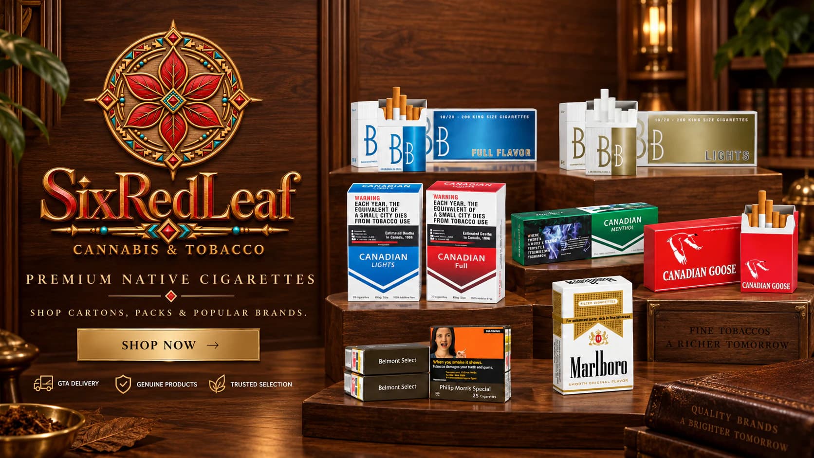SixRedLeaf premium native cigarette collection displayed on rich dark wood