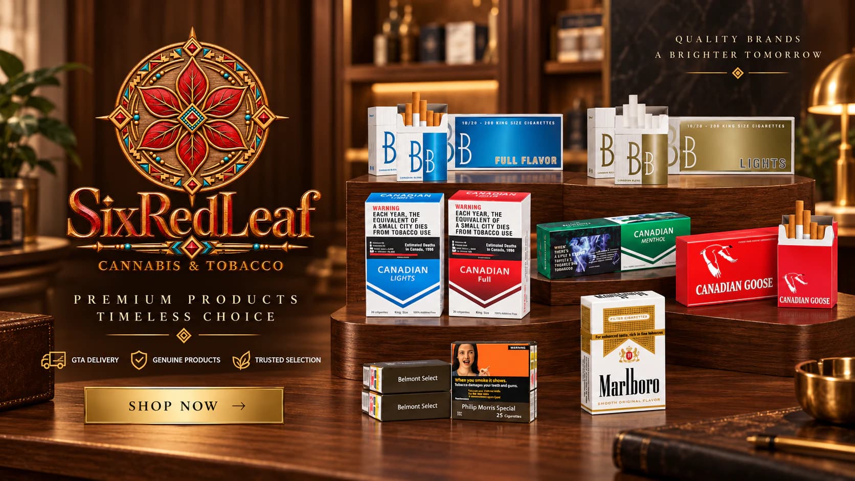 SixRedLeaf premium native cigarette collection displayed on rich dark wood
